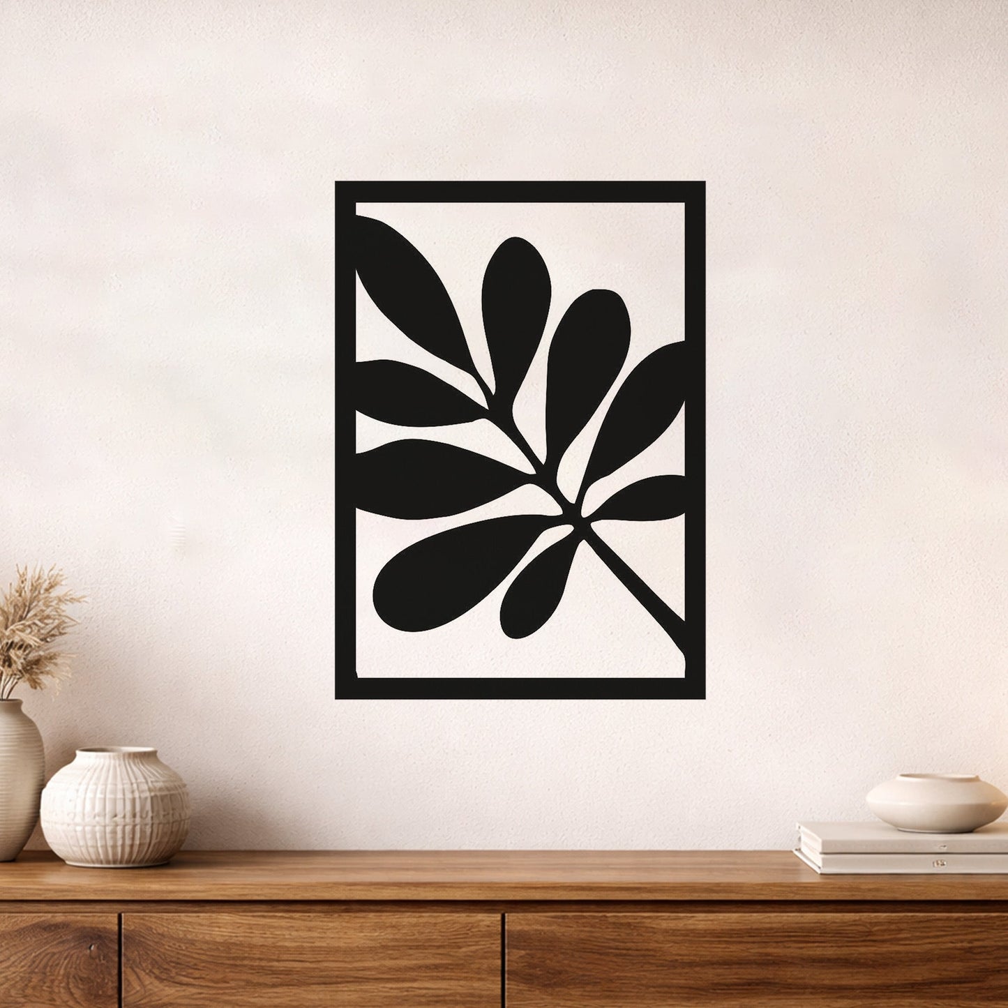 Modern Yaprak Desenli Dekoratif Metal Duvar Panosu Siyah