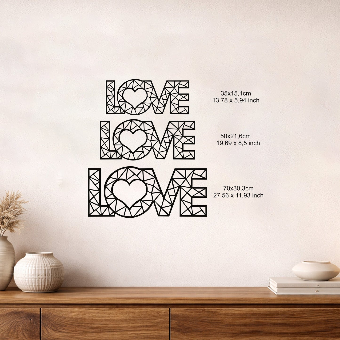 Geometrik LOVE Yazılı Kalp Figürlü Metal Duvar Tablosu