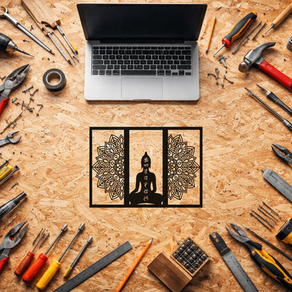 Buddha Mandala Dekoratif Metal Duvar Tablosu Siyah Şık Tasarım