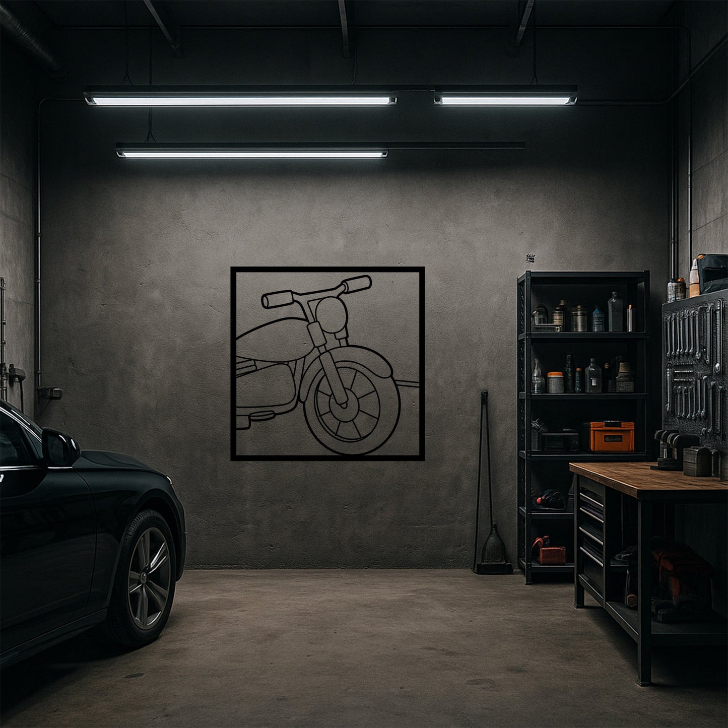 Custom Motosiklet Gidon ve Far Tasarımlı Siyah Metal Duvar Tablosu