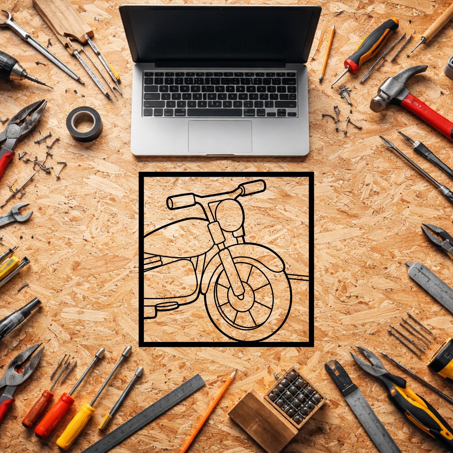Custom Motosiklet Gidon ve Far Tasarımlı Siyah Metal Duvar Tablosu