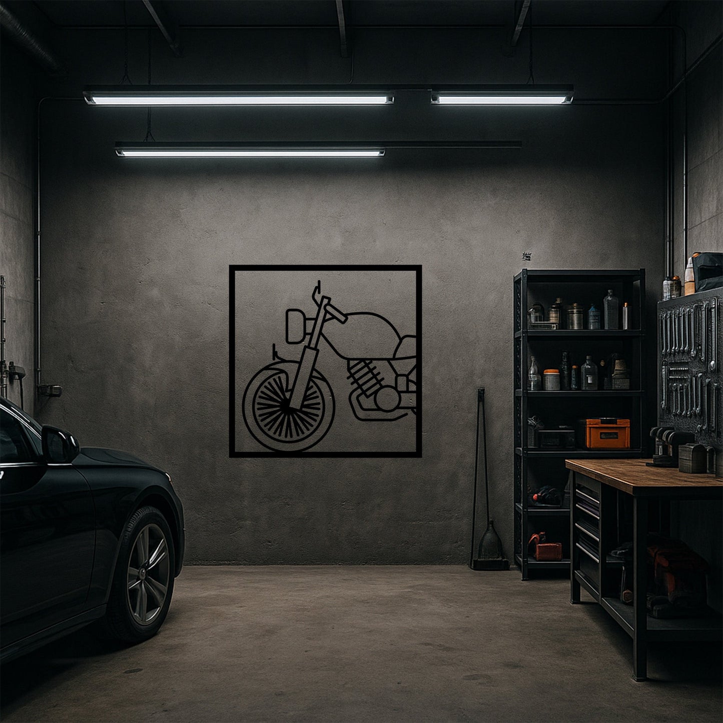 Klasik Motosiklet Ön Kesit Tasarımlı Siyah Metal Duvar Tablosu