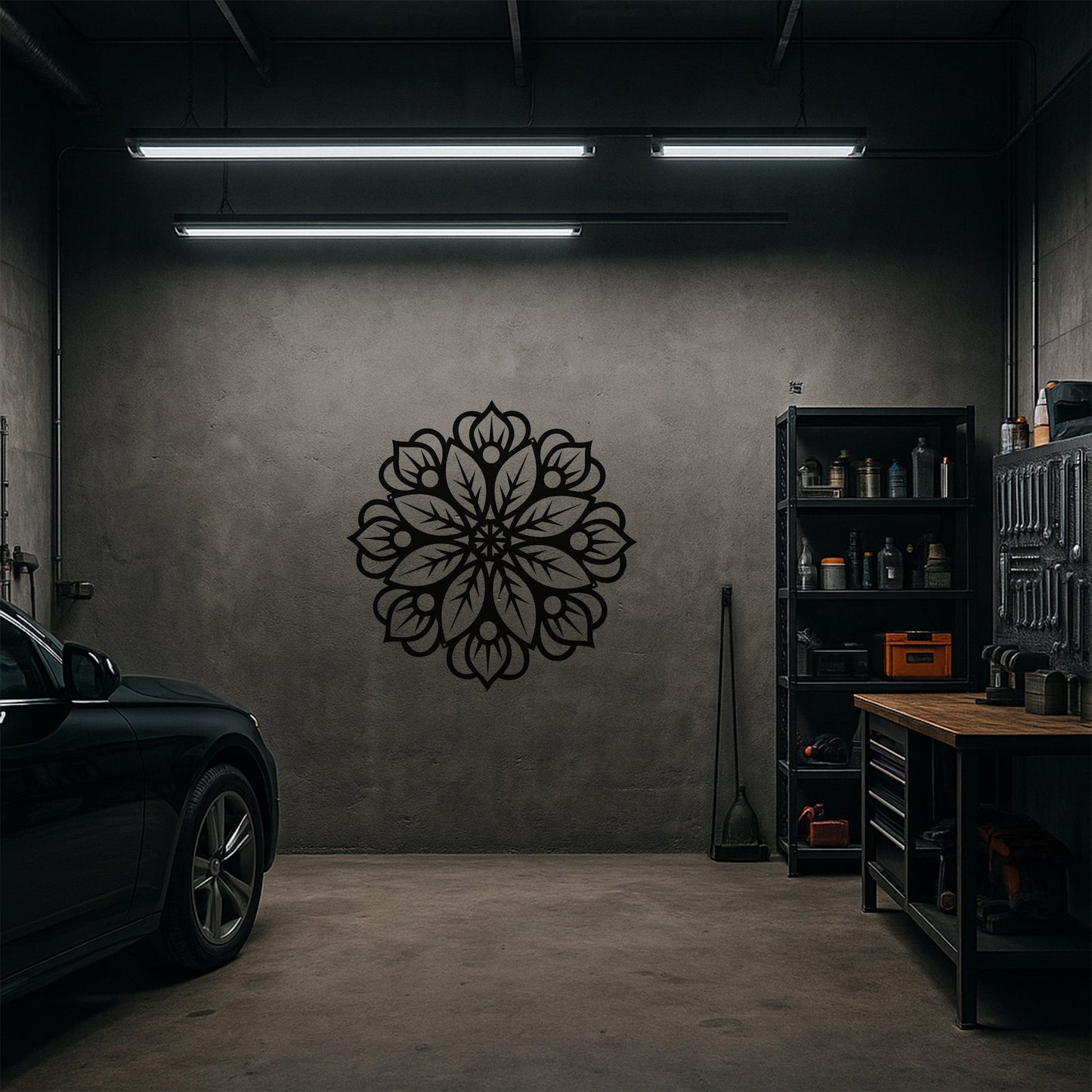 Modern Mandala Desenli Siyah Metal Duvar Dekoru ve Şık Salon Aksesuarı