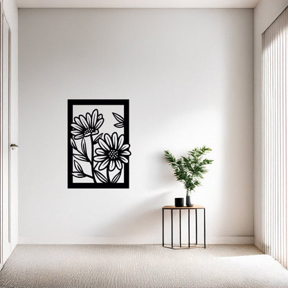 İkili Papatya Çiçek Desenli Siyah Metal Duvar Tablosu Modern Tasarım