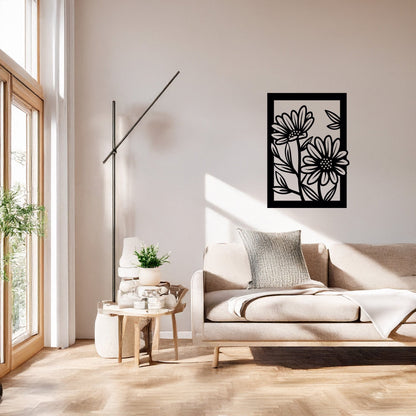 İkili Papatya Çiçek Desenli Siyah Metal Duvar Tablosu Modern Tasarım