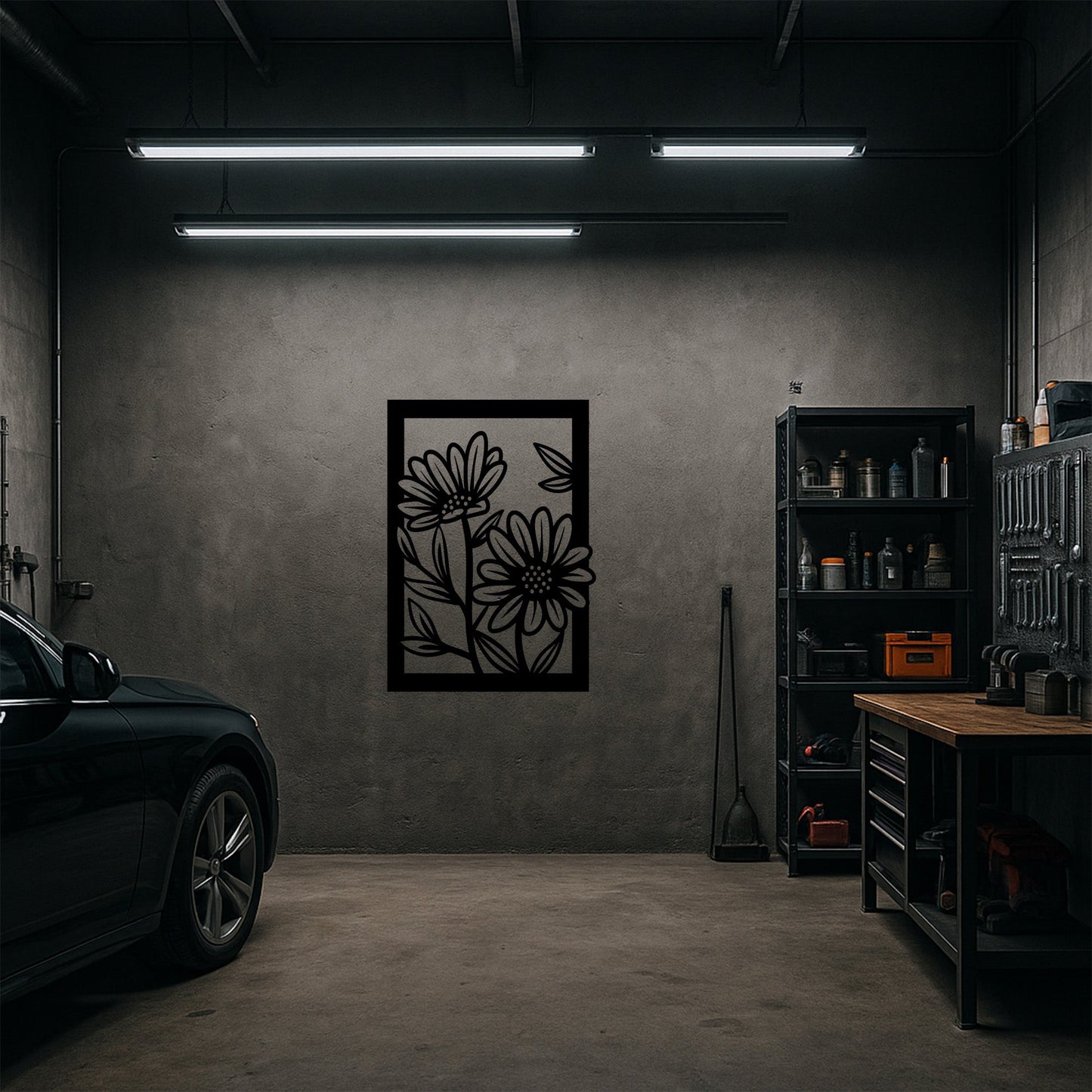 İkili Papatya Çiçek Desenli Siyah Metal Duvar Tablosu Modern Tasarım