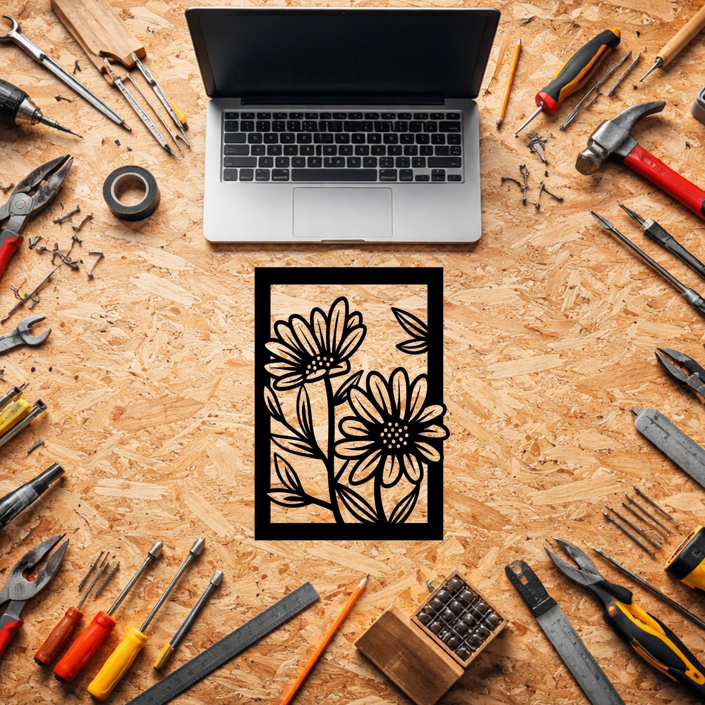 İkili Papatya Çiçek Desenli Siyah Metal Duvar Tablosu Modern Tasarım