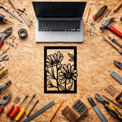 İkili Papatya Çiçek Desenli Siyah Metal Duvar Tablosu Modern Tasarım
