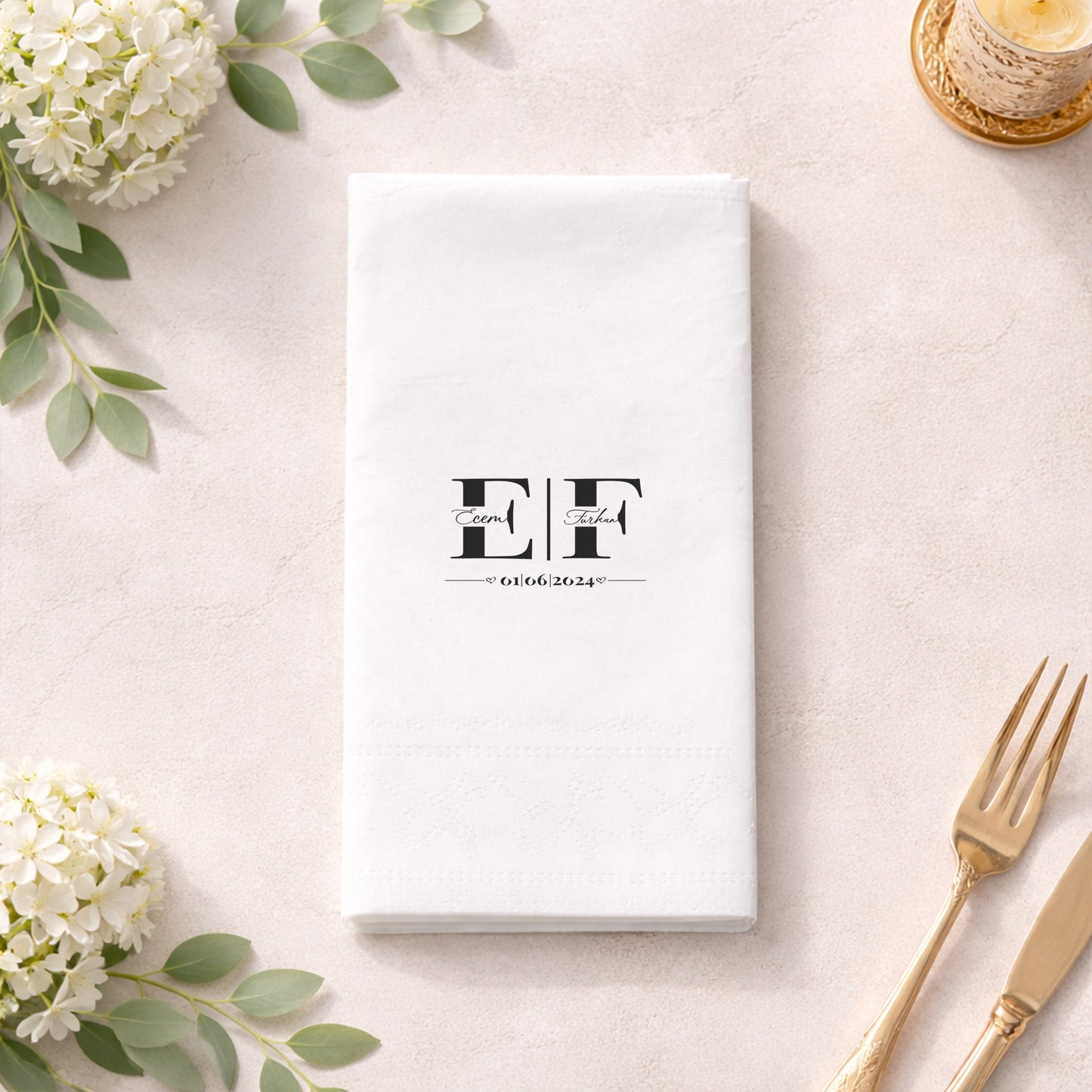 Düğün Nişan Kına İçin Klasik Monogram Baskılı Peçete – Kişiye Özel Peçete