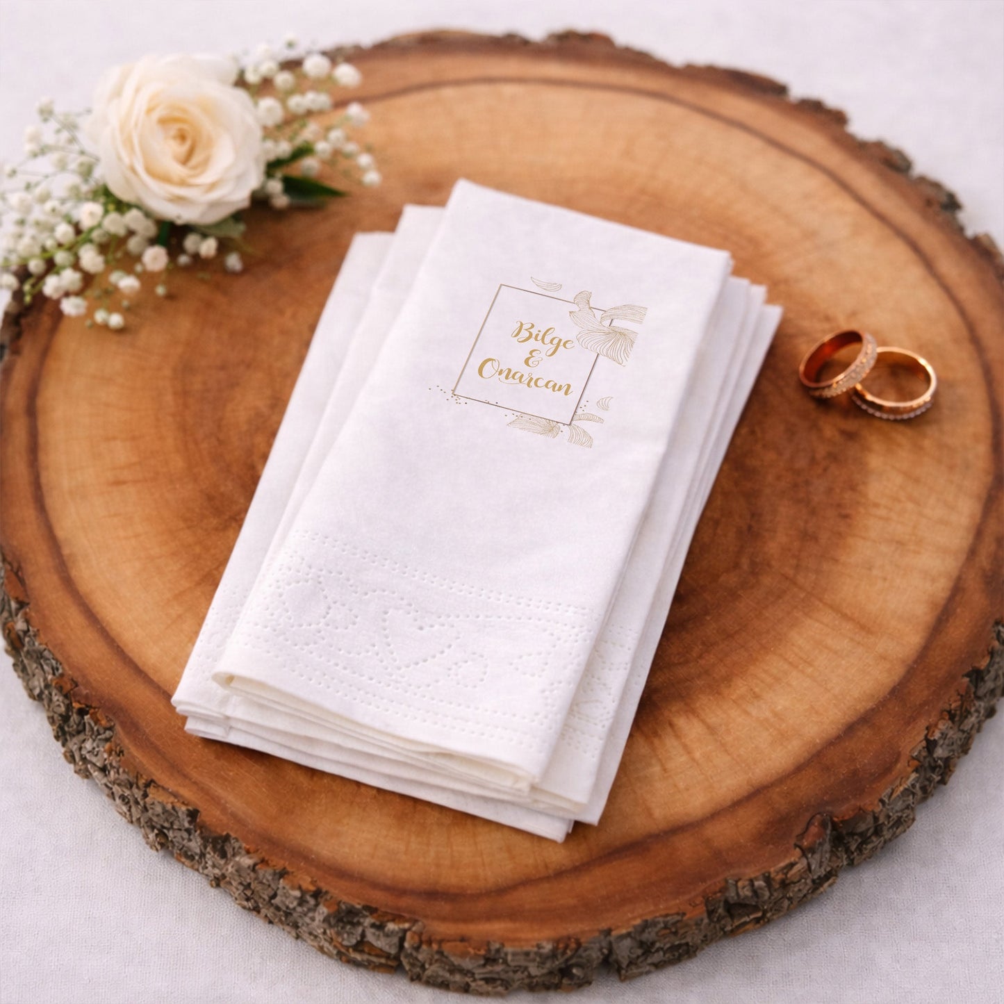 Bilge & Onurcan Gold Detaylı Düğün ve Nişan Baskılı Peçete