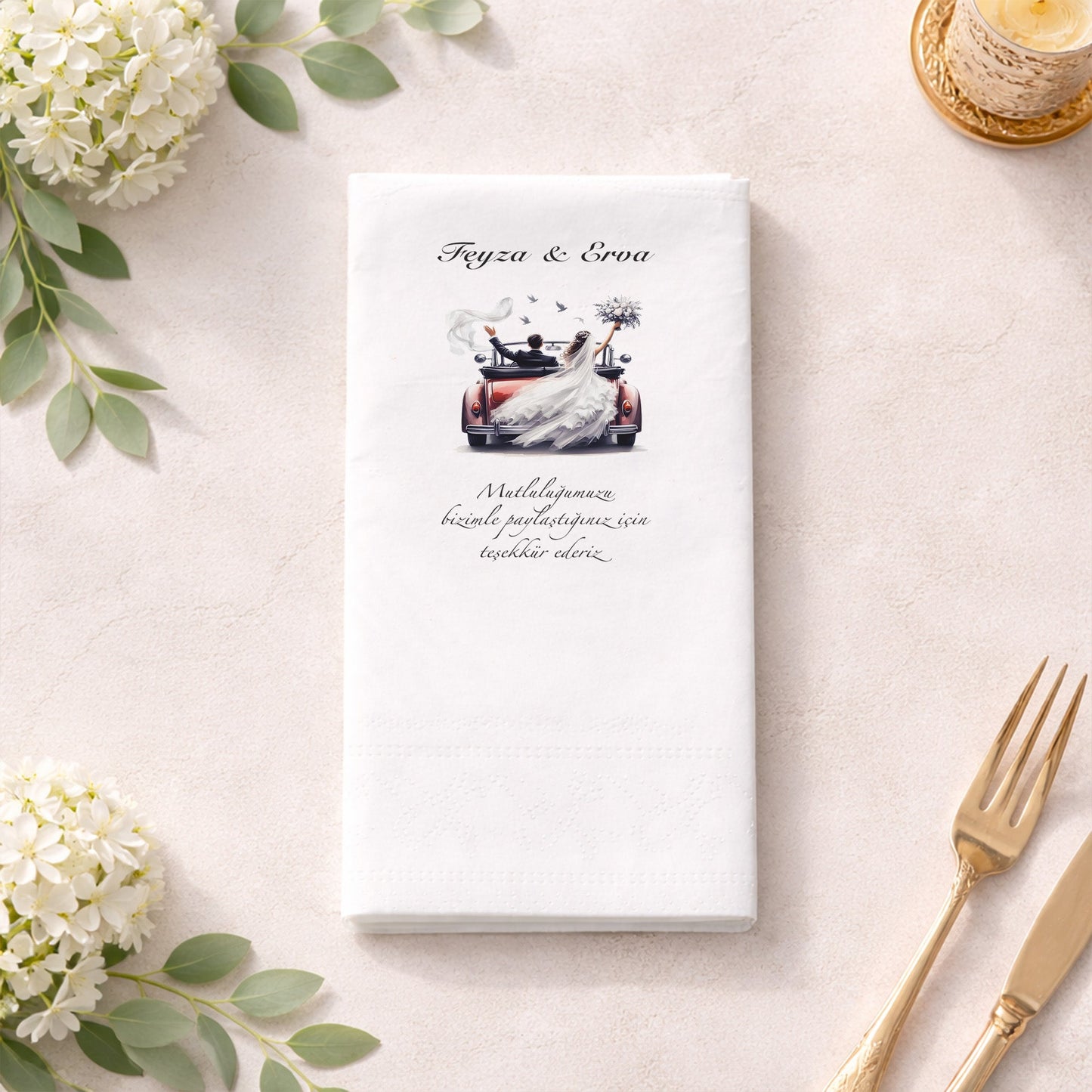 Feyza & Erva Teşekkür Mesajlı Düğün Baskılı Peçete