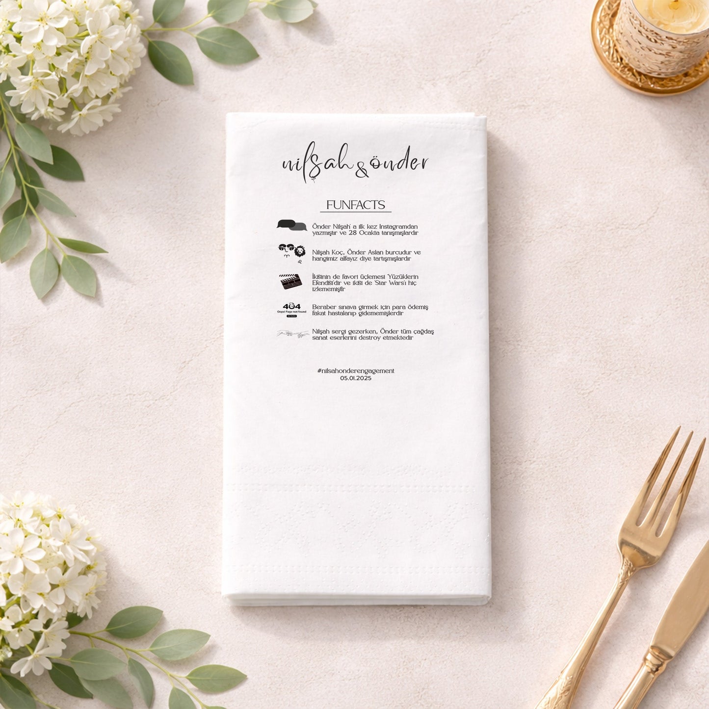 Nilşah & Önder Fun Facts Temalı Nişan Baskılı Peçete