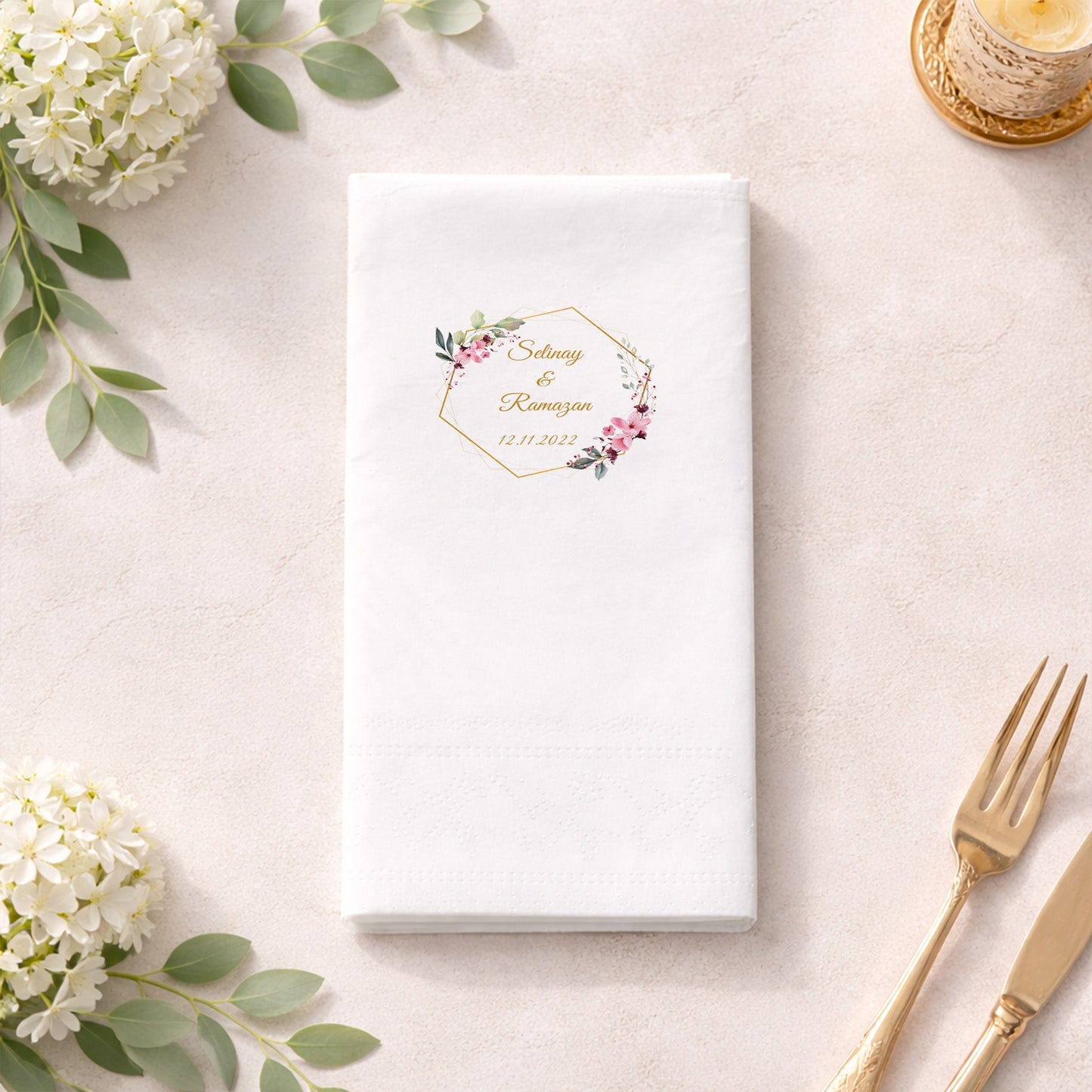 Selinay & Ramazan Çiçekli Gold Çerçeveli Düğün Baskılı Peçete