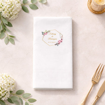 Selinay & Ramazan Çiçekli Gold Çerçeveli Düğün Baskılı Peçete