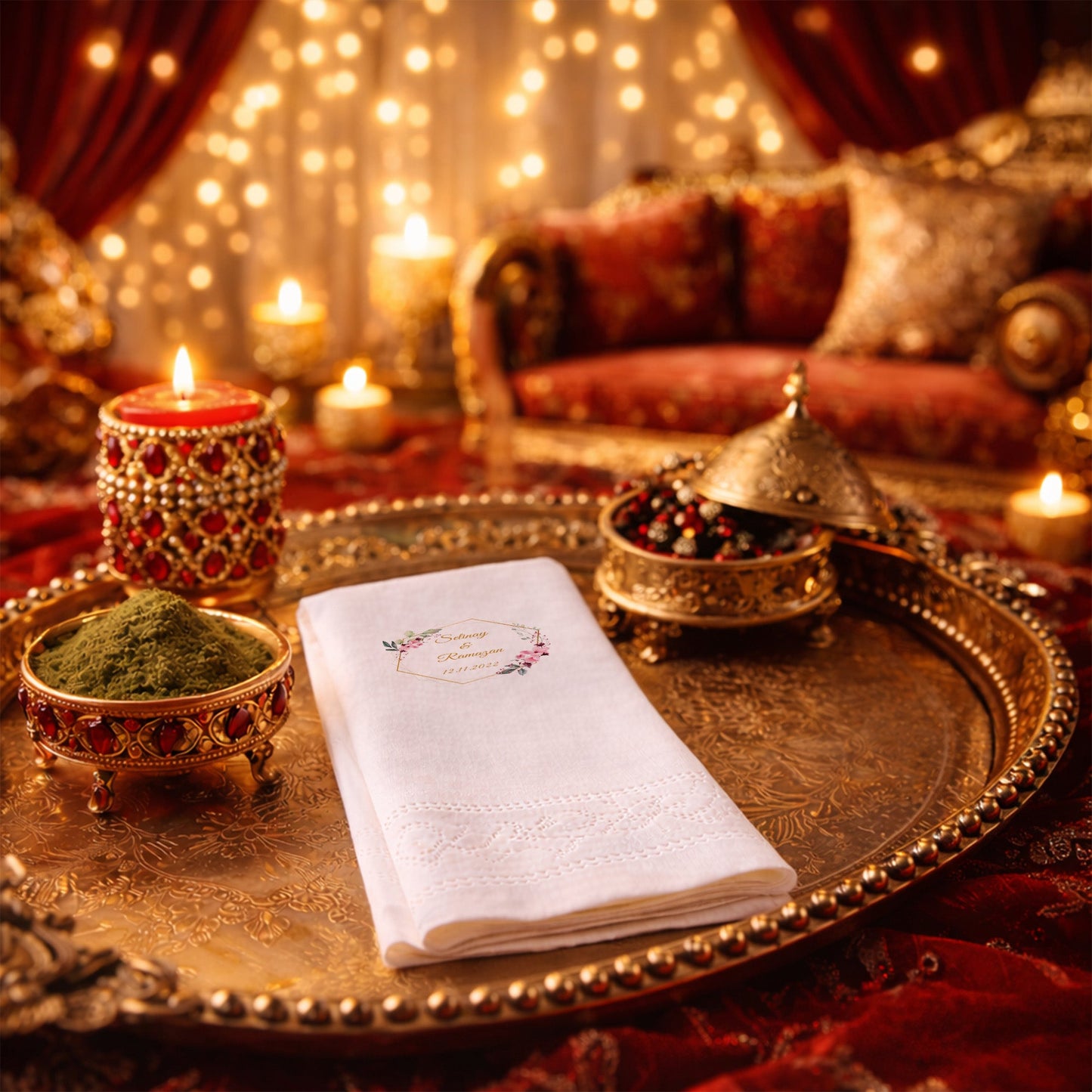 Selinay & Ramazan Çiçekli Gold Çerçeveli Düğün Baskılı Peçete