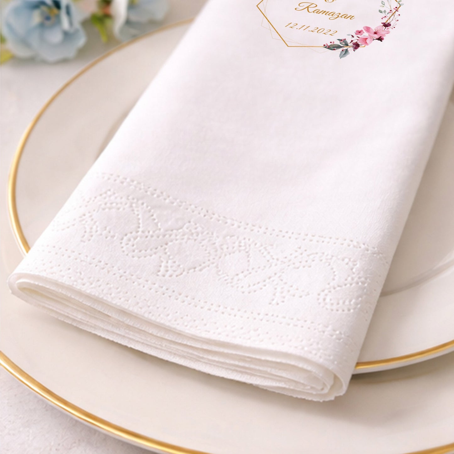Selinay & Ramazan Çiçekli Gold Çerçeveli Düğün Baskılı Peçete