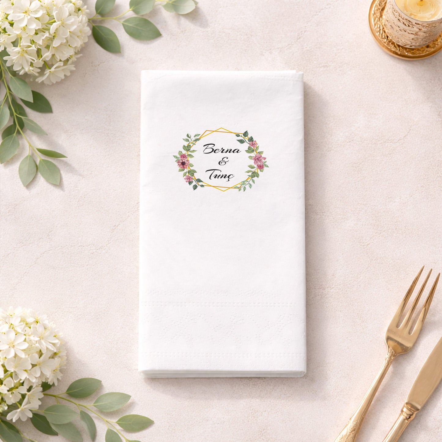 Berna & Tunç Floral Çerçeveli Düğün ve Nişan Baskılı Peçete