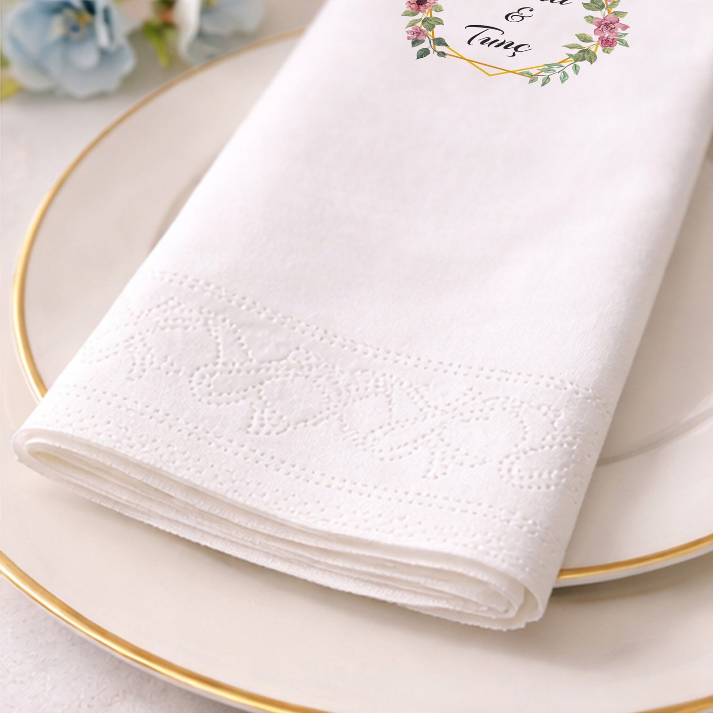 Berna & Tunç Floral Çerçeveli Düğün ve Nişan Baskılı Peçete