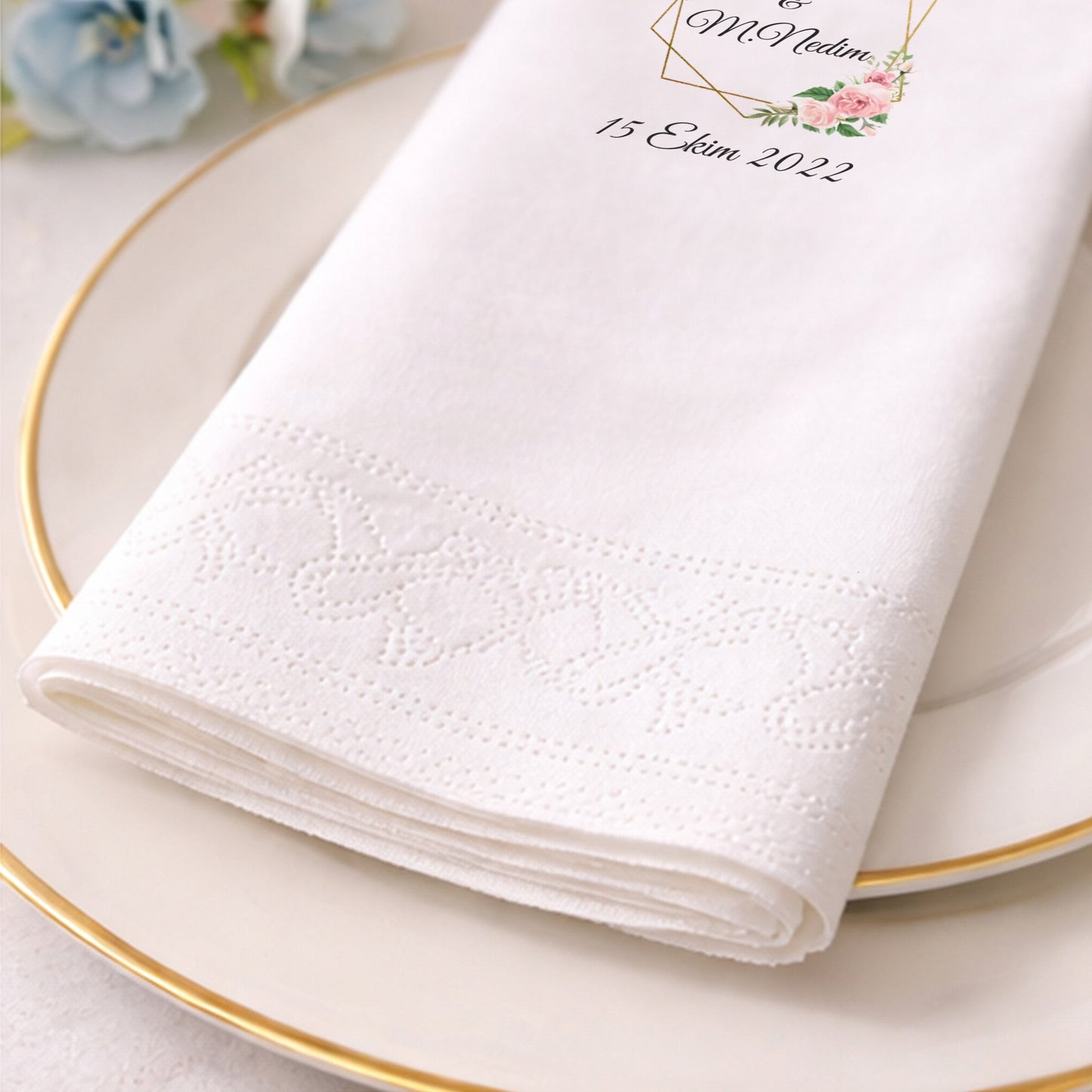 Edibe & M. Nedim Çiçekli Çerçeveli Düğün Baskılı Peçete