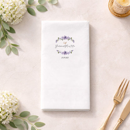 Mor Çiçekli İsimli Düğün ve Nişan Baskılı Peçete Tasarımı
