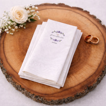 Mor Çiçekli İsimli Düğün ve Nişan Baskılı Peçete Tasarımı