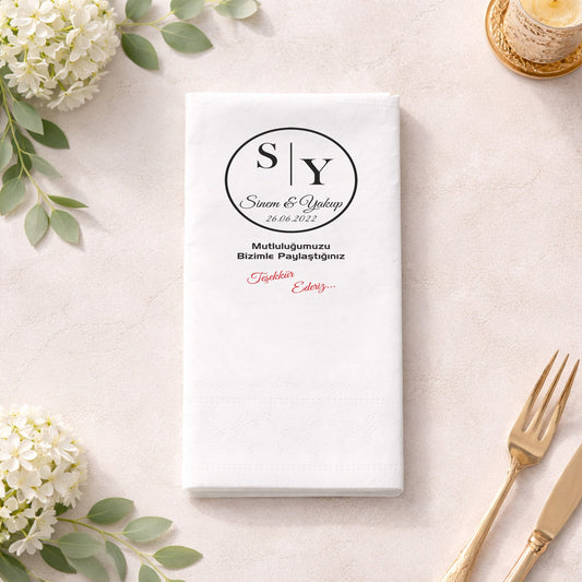 Yuvarlak Logolu Düğün Teşekkür Baskılı Peçete Tasarımı