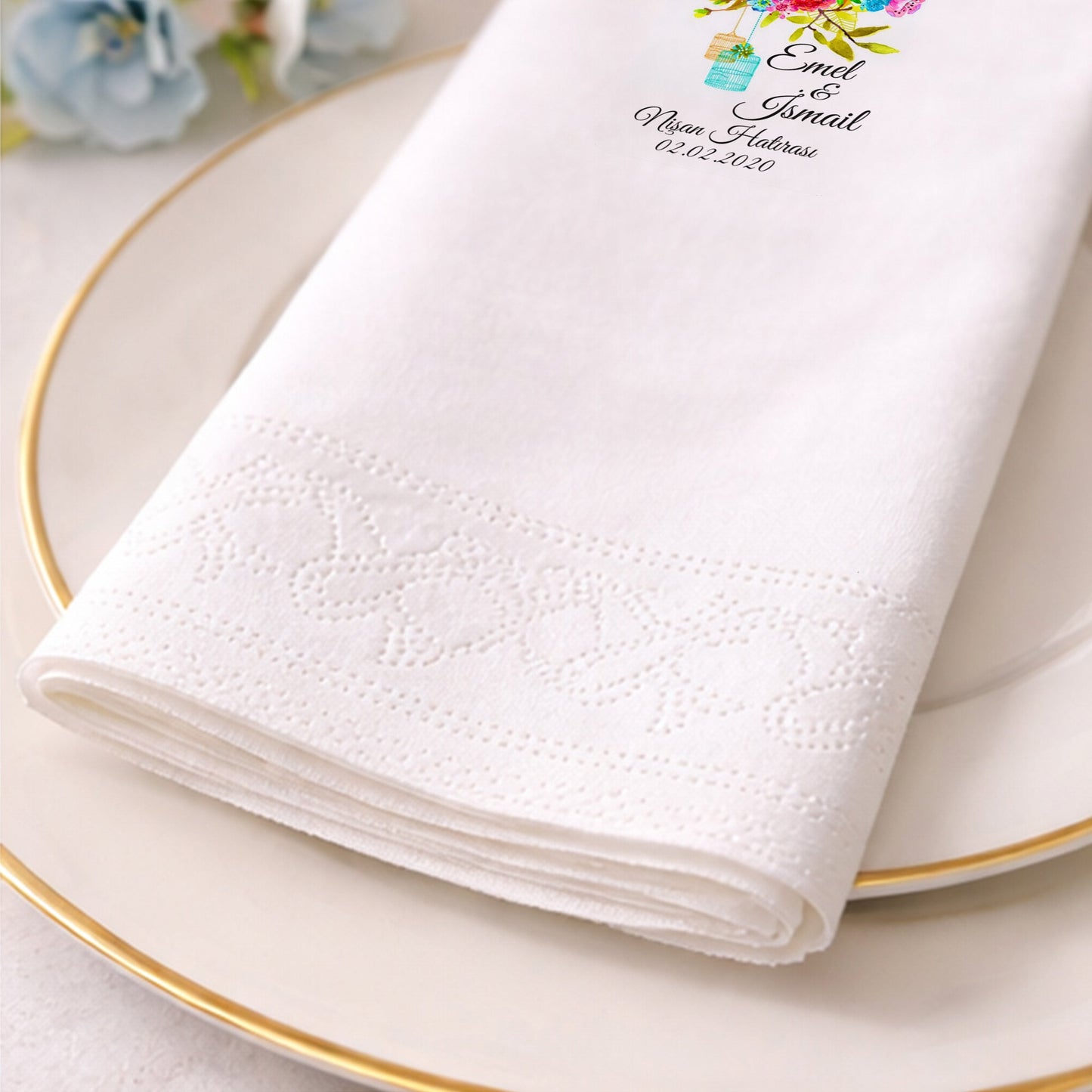Renkli Çiçekli İsimli Nişan Hatırası Baskılı Peçete