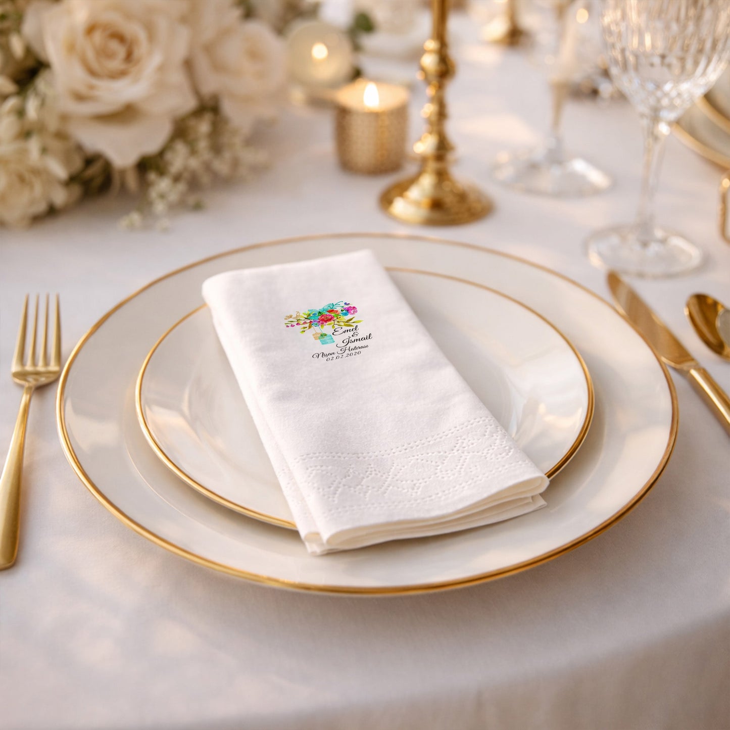 Renkli Çiçekli İsimli Nişan Hatırası Baskılı Peçete