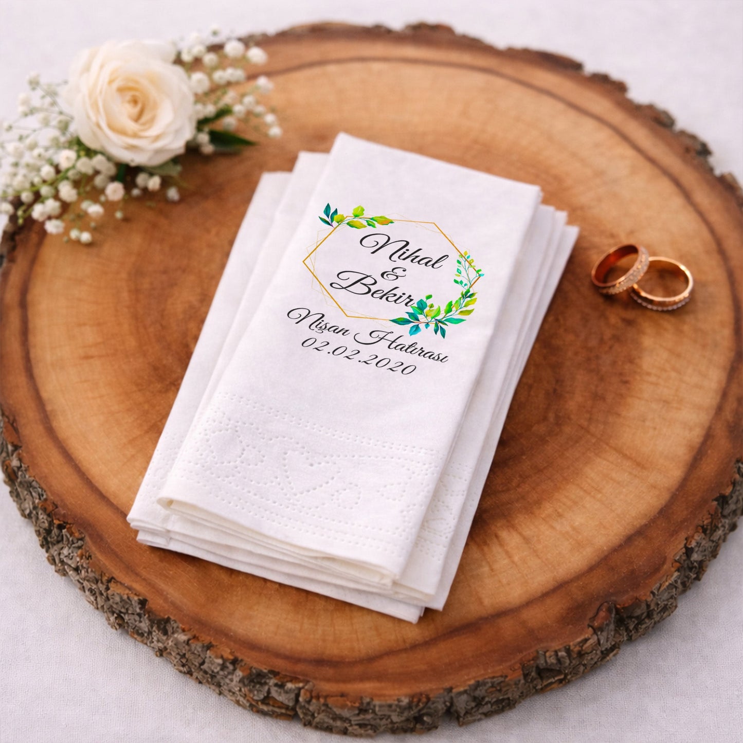 Altın Çerçeveli Yeşil Yapraklı Nişan Baskılı Peçete