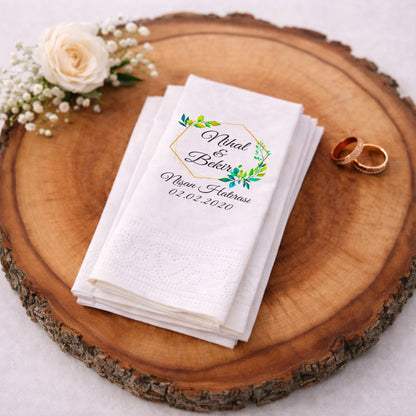 Altın Çerçeveli Yeşil Yapraklı Nişan Baskılı Peçete