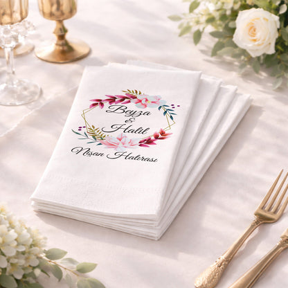 Pembe Çiçekli İsimli Düğün ve Nişan Baskılı Peçete