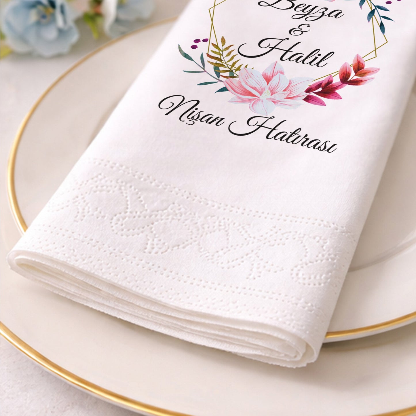 Pembe Çiçekli İsimli Düğün ve Nişan Baskılı Peçete