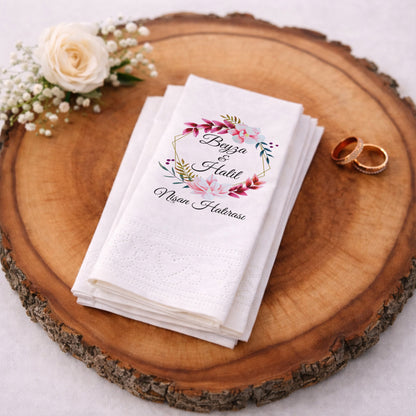 Pembe Çiçekli İsimli Düğün ve Nişan Baskılı Peçete