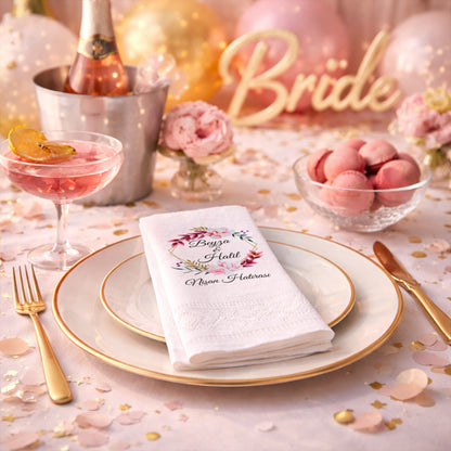 Pembe Çiçekli İsimli Düğün ve Nişan Baskılı Peçete
