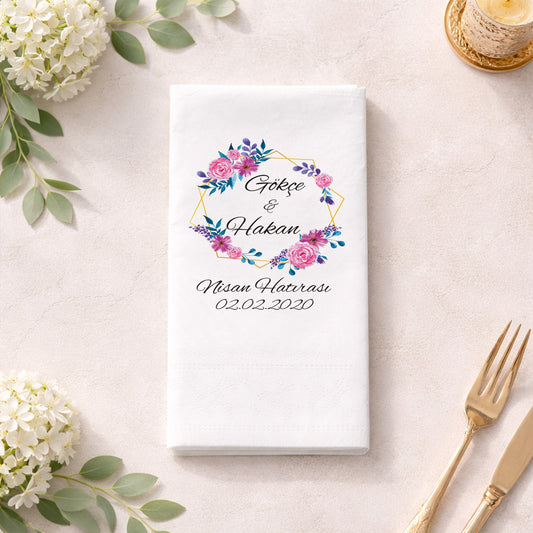 Gül Çerçeveli İsimli Nişan Hatırası Baskılı Peçete