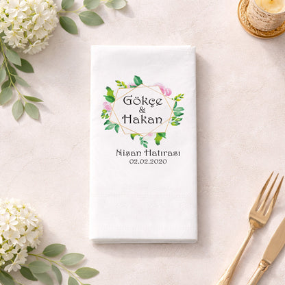 Altın Geometrik Çerçeveli İsimli Nişan Hatırası Baskılı Peçete