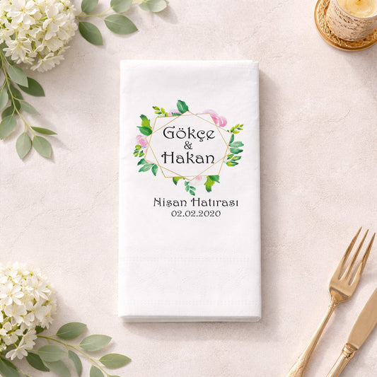 Altın Geometrik Çerçeveli İsimli Nişan Hatırası Baskılı Peçete