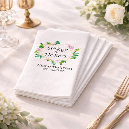 Altın Geometrik Çerçeveli İsimli Nişan Hatırası Baskılı Peçete