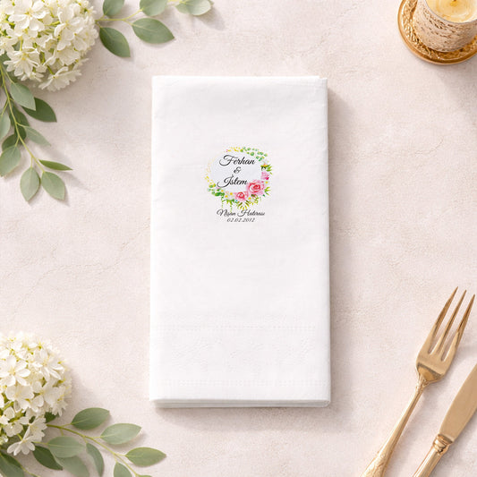 Pembe Gül Detaylı İsimli Nişan Hatırası Baskılı Peçete
