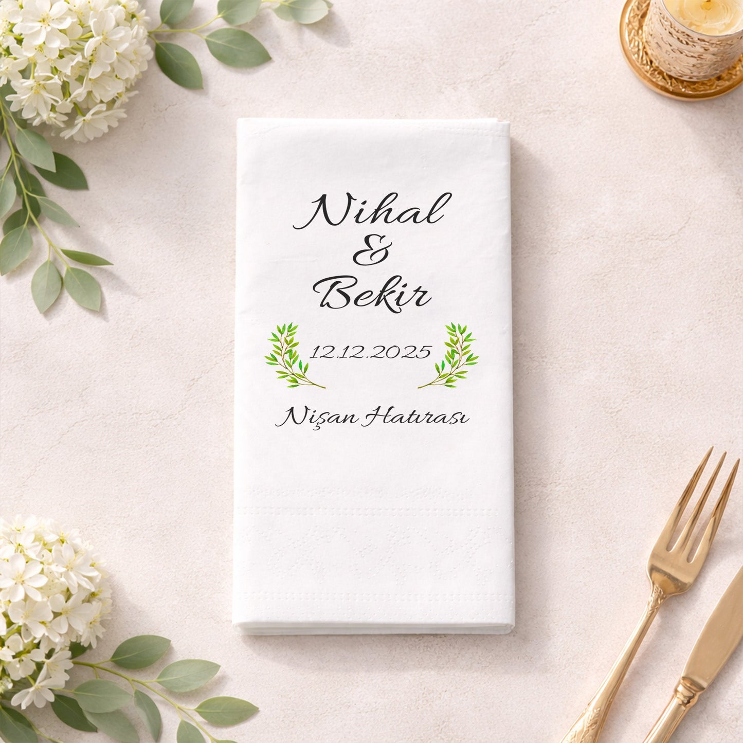 Yaprak Detaylı Minimal İsimli Nişan ve Söz Baskılı Peçete