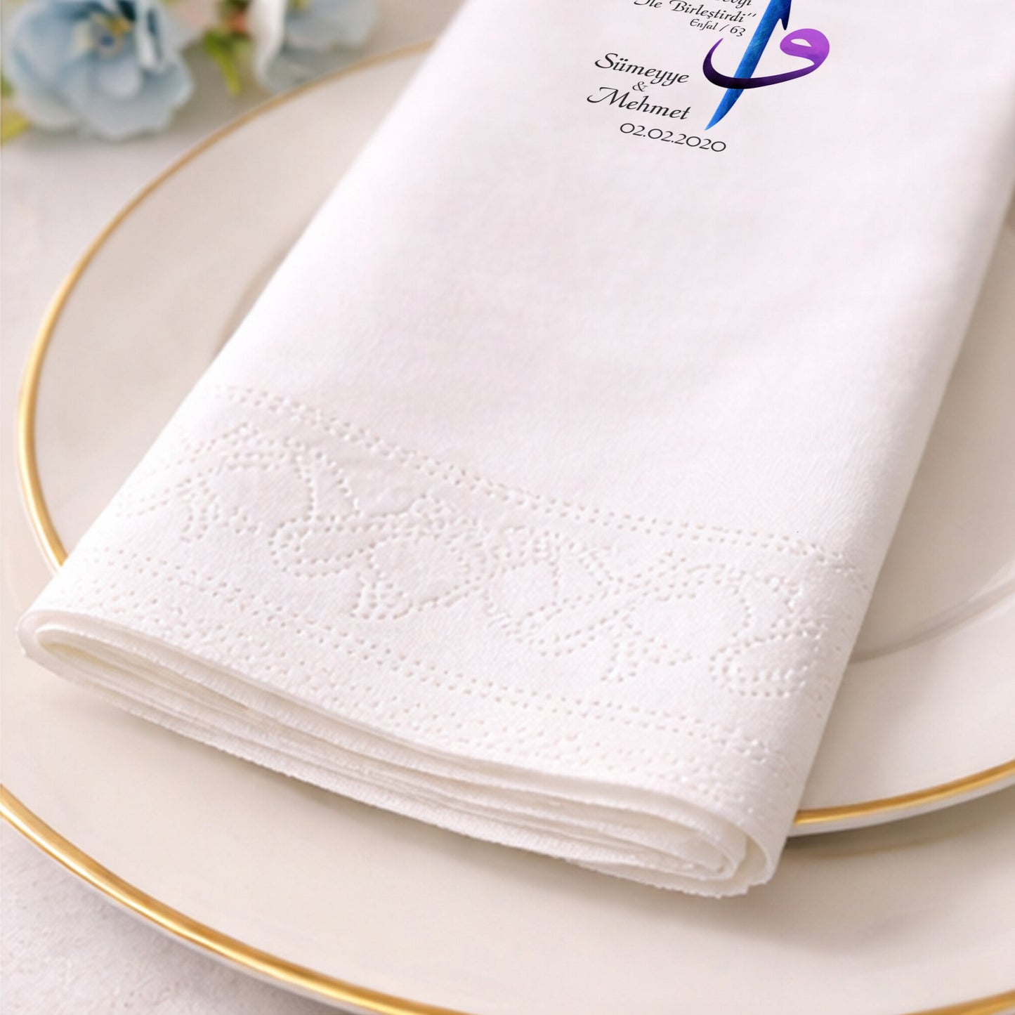Ayet ve İsimli Nikah Peçetesi – Zarif Düğün Organizasyon Tasarımı