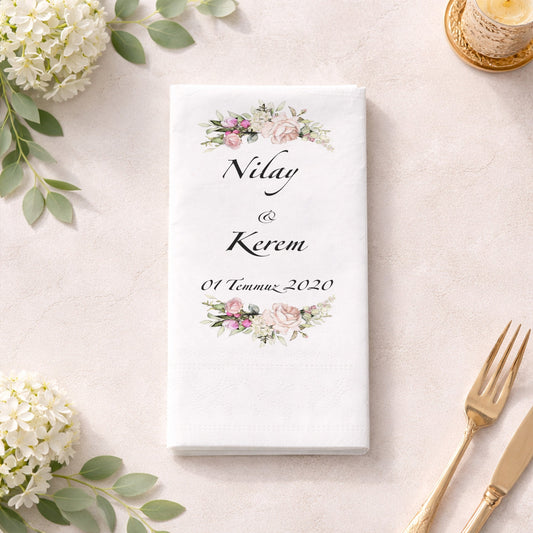 Nilay & Kerem Çiçekli Çerçeveli Düğün Peçetesi
