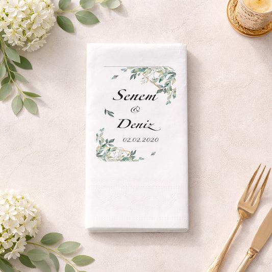 Senem & Deniz Yaprak Detaylı Düğün Peçetesi
