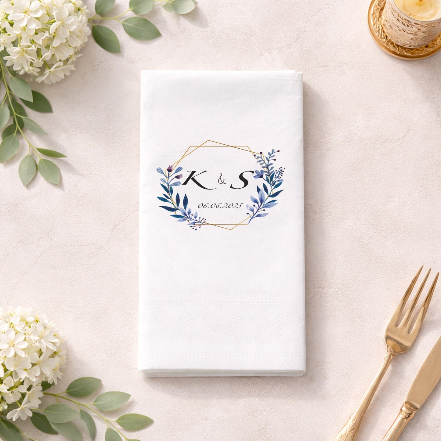 Geometrik Çerçeveli Yaprak Desenli İsimli Düğün ve Nişan Peçetesi