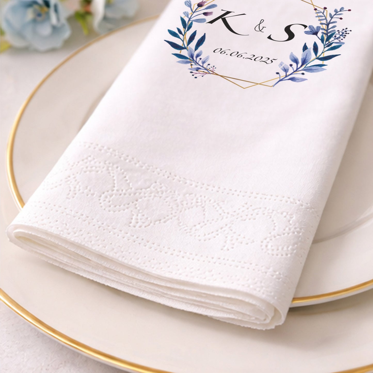Geometrik Çerçeveli Yaprak Desenli İsimli Düğün ve Nişan Peçetesi