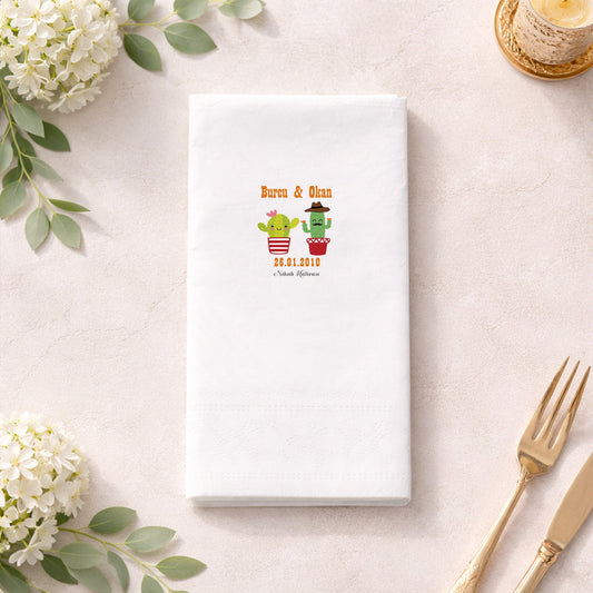 Eğlenceli Figürlü Kaktüs Temalı Nikah ve Kına Baskılı Peçete