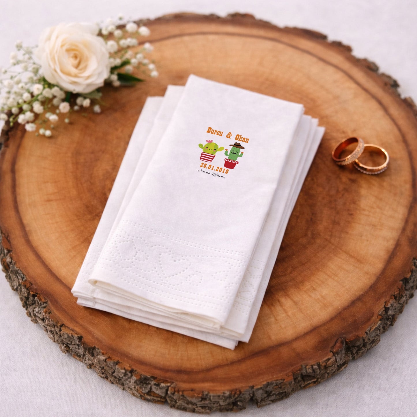 Eğlenceli Figürlü Kaktüs Temalı Nikah ve Kına Baskılı Peçete