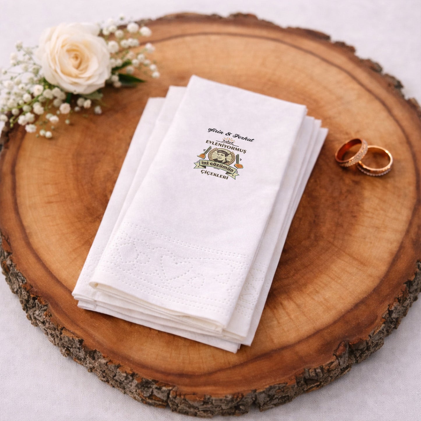Retro Konsept İllüstrasyonlu Düğün ve Nişan Baskılı Peçete