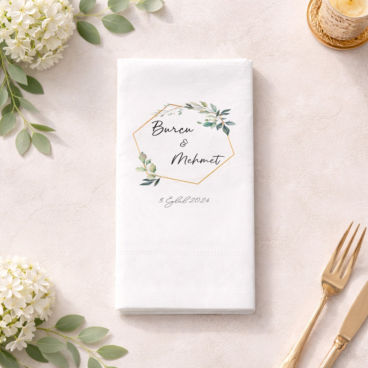 Doğal Çiçek Buketli Ayetli Nikah ve Düğün Peçetesi