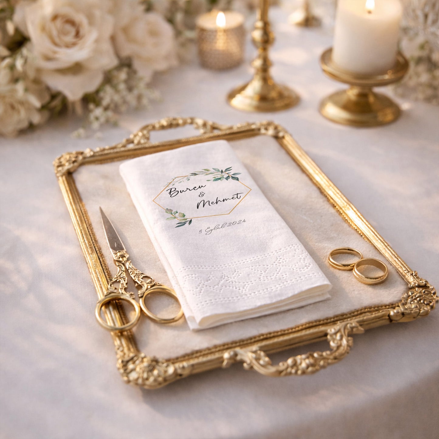 Doğal Çiçek Buketli Ayetli Nikah ve Düğün Peçetesi